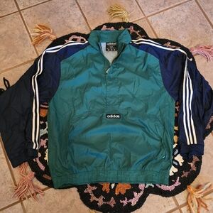 🔥🔥 Vintage Y2K Adidas Men's Green and Navy Windbreaker With Hood🔥🔥size L
